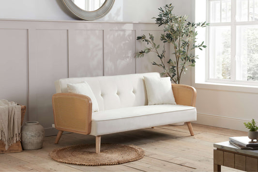 Mila White Fabric & Rattan Arms Sofa Bed