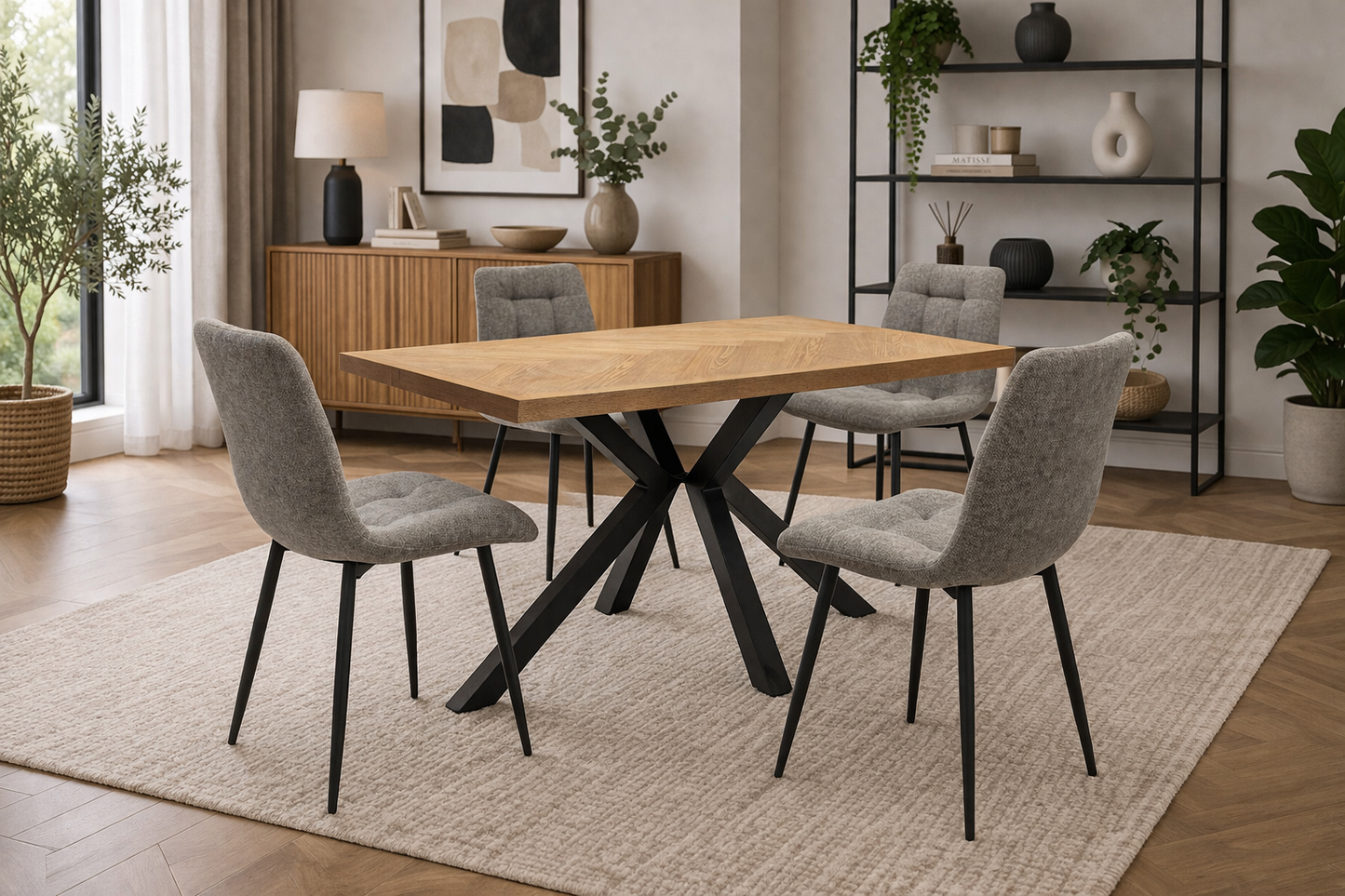 Ashford 1.4m Ash Veneer Dining Table Set + 4x Logan Mocha Fabric Dining Chairs