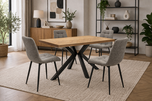 Ashford 1.4m Ash Veneer Dining Table Set + 4x Logan Mocha Fabric Dining Chairs
