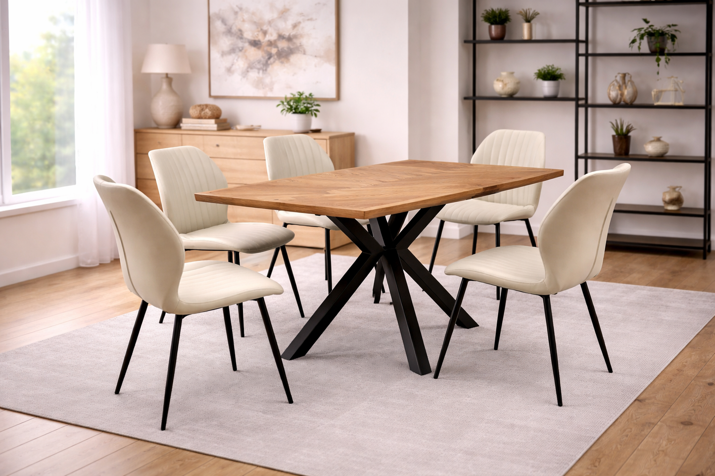 Ashford 1.4m Ash Veneer Dining Table Set + Santorini Stone Faux Leather Dining Chairs