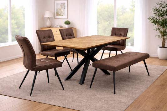 Oakley 1.6m Extending (+40cm) Oak Veneer Dining Table Set + Kensington Bench + Dining Chairs