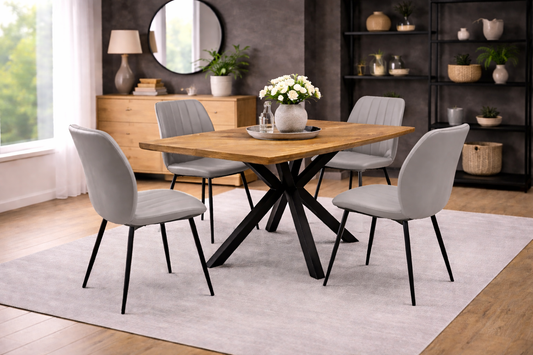 Ashford 1.4m Ash Veneer Dining Table Set + Harper Grey Faux Leather Dining Chairs
