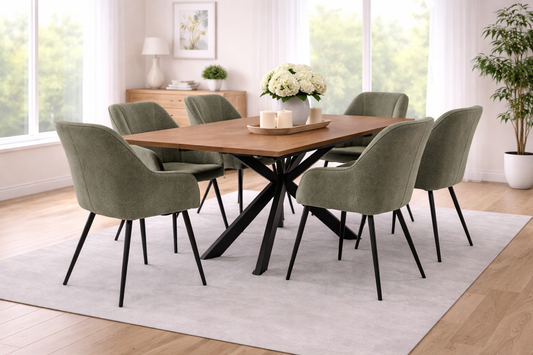Oakley 1.6m Extending (+40cm) Oak Veneer Dining Table Set + 6x Eden Dining Chairs