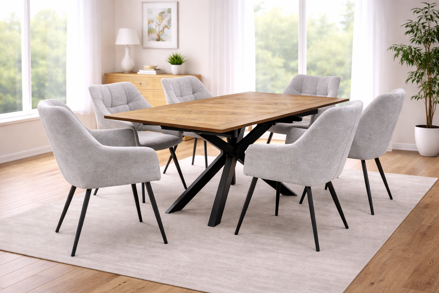 Oakley 1.6m Extending (+40cm) Oak Veneer Dining Table Set + 6x Willow Light Grey Dining Chairs
