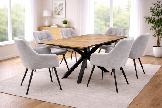 Oakley 1.6m Extending (+40cm) Oak Veneer Dining Table Set + 6x Willow Light Grey Dining Chairs