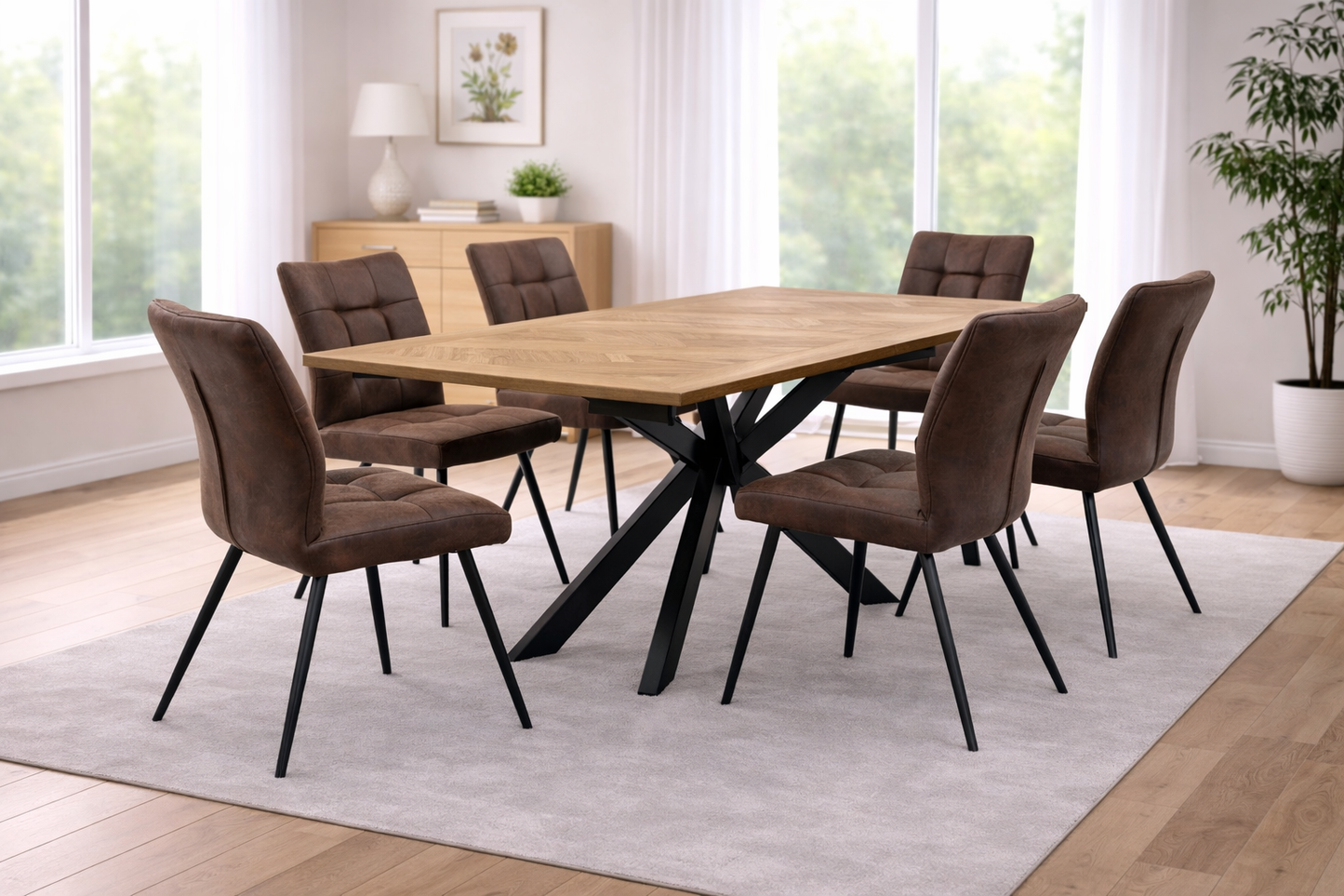 Oakley 1.6m Extending (+40cm) Oak Veneer Dining Table Set + 6x Kensington Dining Chairs