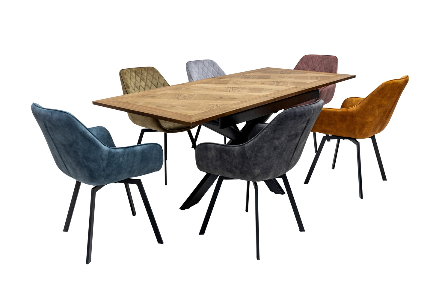 Oakley 1.6m Extending (+40cm) Oak Veneer Dining Table Set + Orbit Swivel Dining Chairs