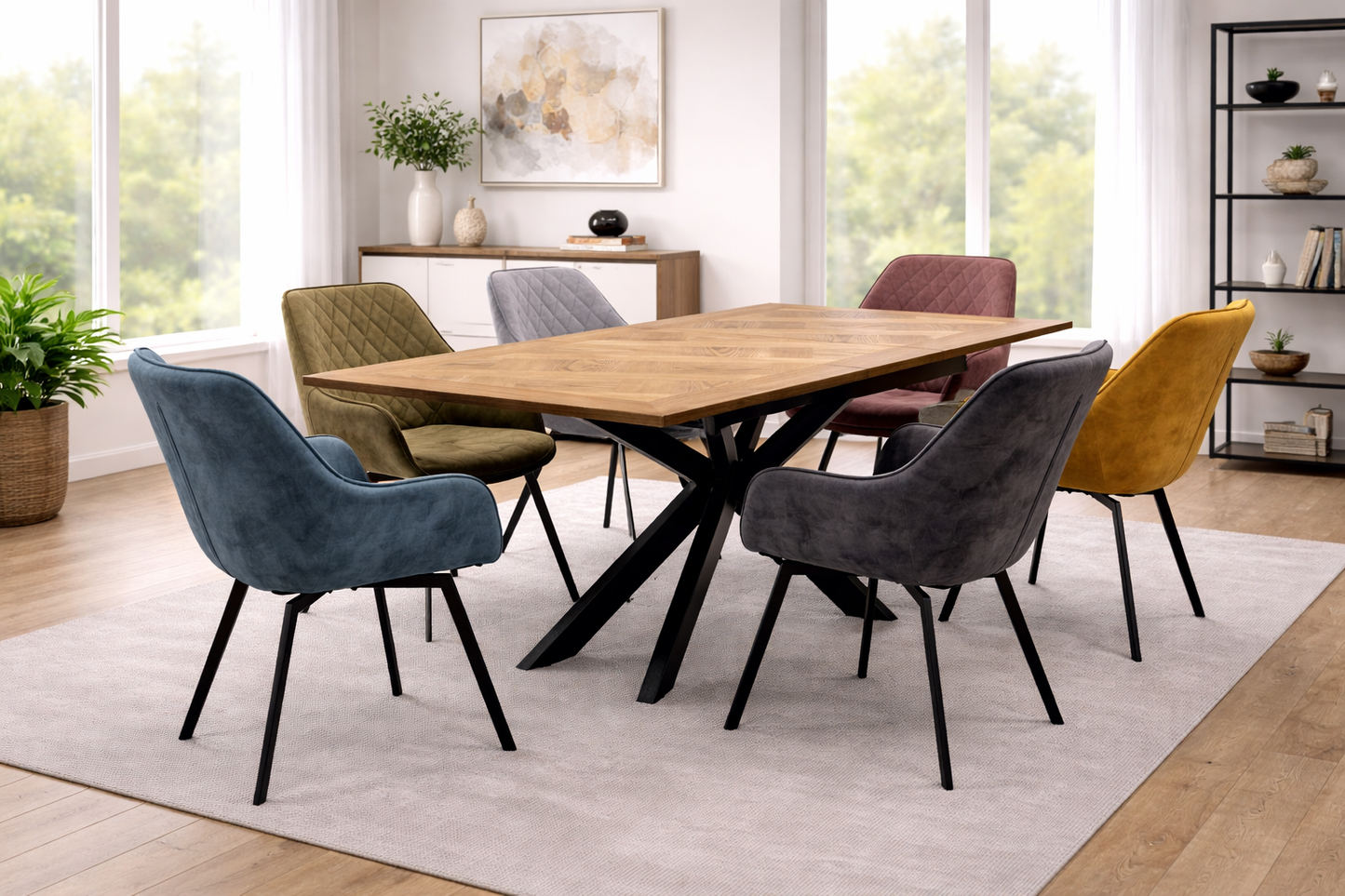 Oakley 1.6m Extending (+40cm) Oak Veneer Dining Table Set + Orbit Swivel Dining Chairs