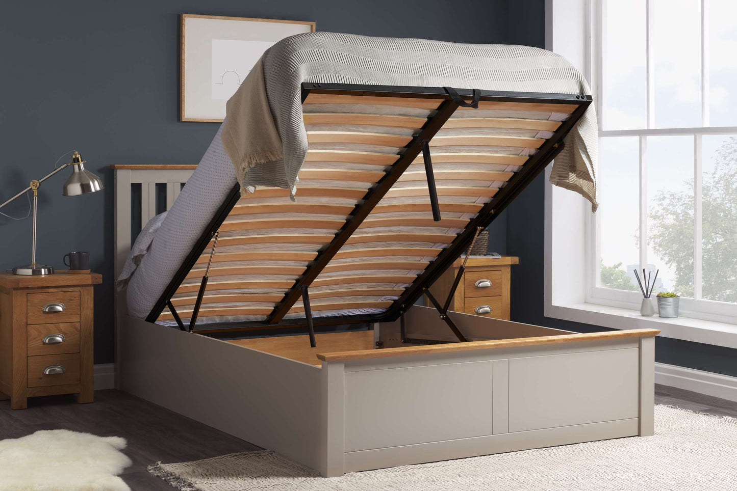 Phoenix Pearl Grey Ottoman Storage Bed