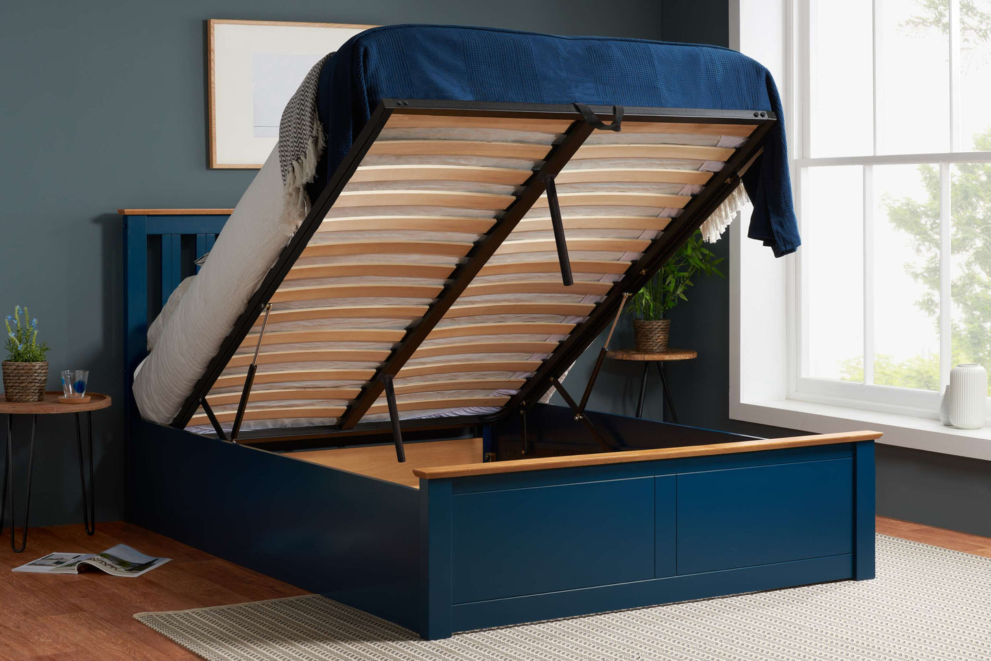 Phoenix Navy Blue Ottoman Storage Bed