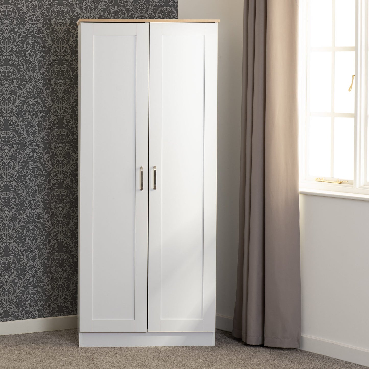 Portland Trio White/Grey/Oak Effect 2 Door Wardrobe Bedroom Set
