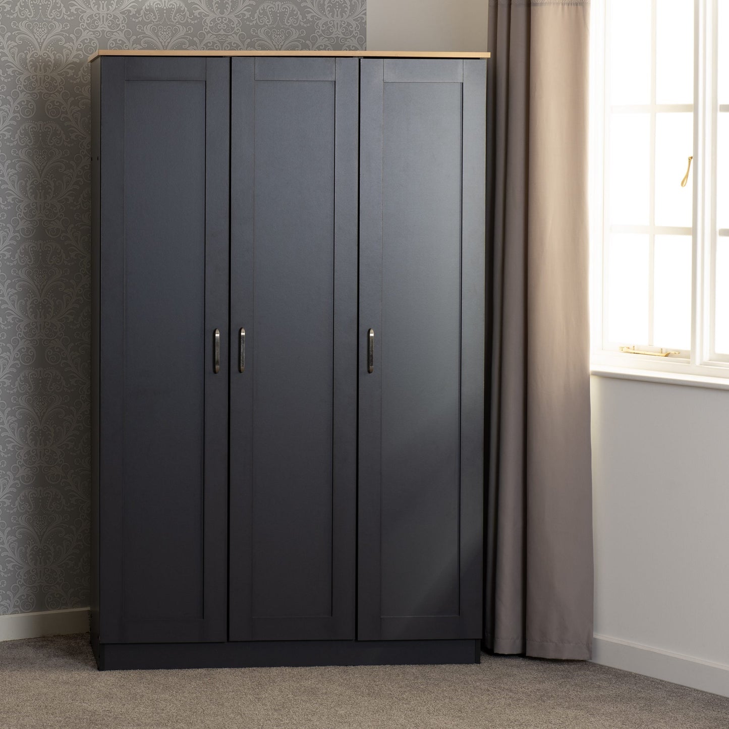 Portland White/Grey/Oak Effect 3 Door Wardrobe