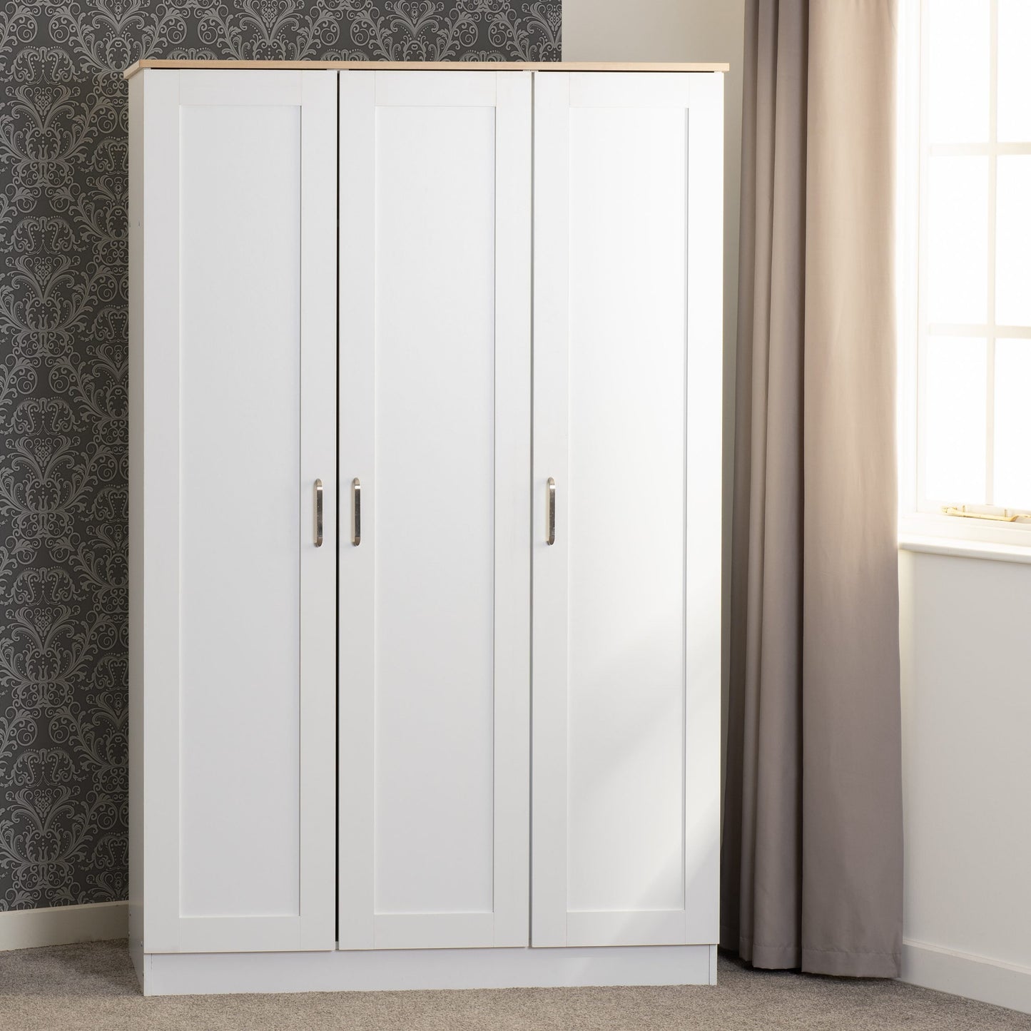 Portland Trio White/Grey/Oak Effect 3 Door Wardrobe Bedroom Set