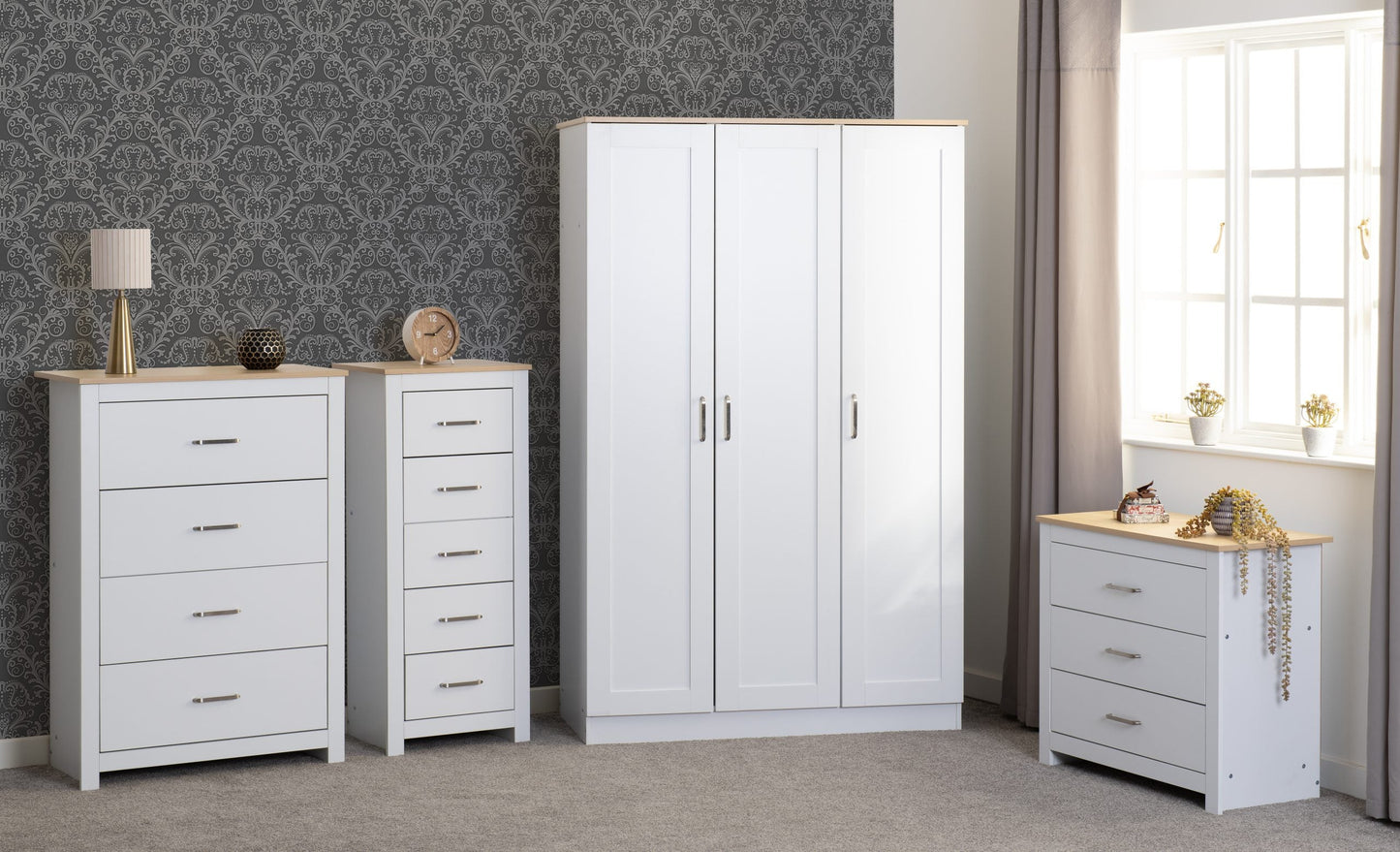 Portland Trio White/Grey/Oak Effect 2 Door Wardrobe Bedroom Set