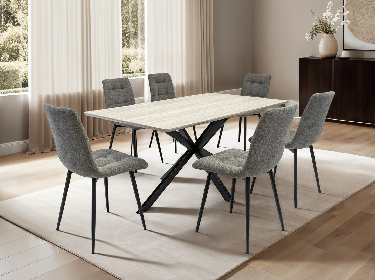 Verona 1.6m Travertine Finish Dining Table Set + Logan Dining Chairs