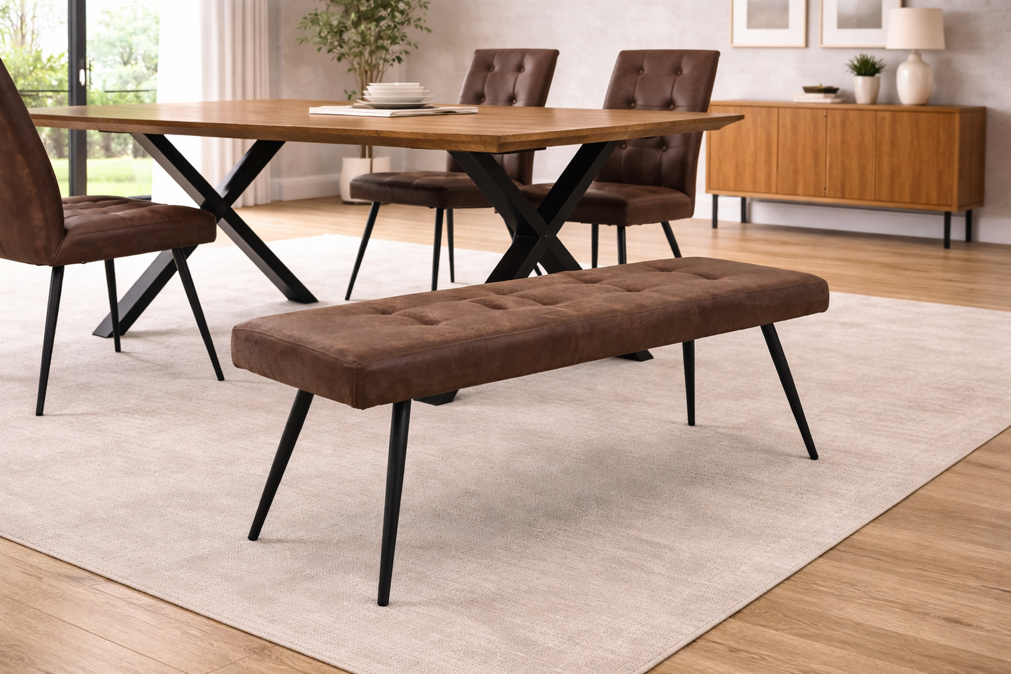 Elmstead 1.8m Medium Elm Veneer Table Set + Kensington Ebony Fabric Bench & 4x Dining Chairs