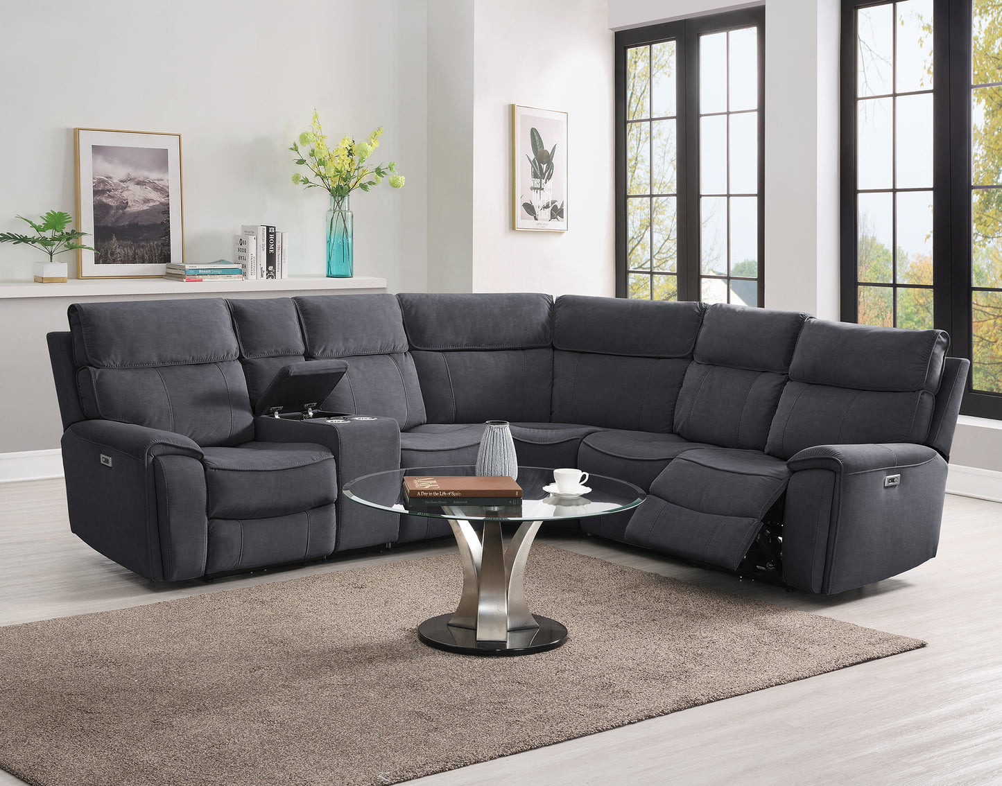 Sheldon Power Recliner Corner Sofas - Grey Fabric