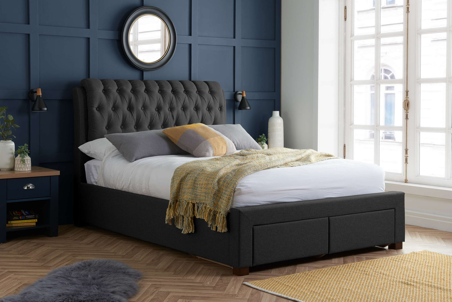 Valentino Charcoal Fabric Bed With Storage Drawers