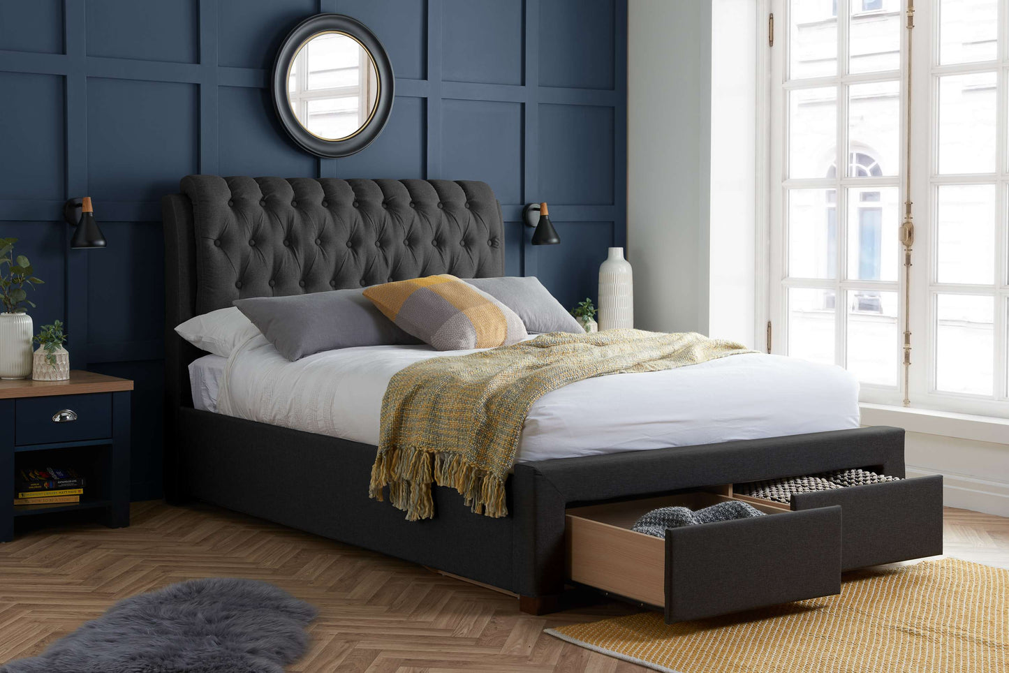 Valentino Charcoal Fabric Bed With Storage Drawers