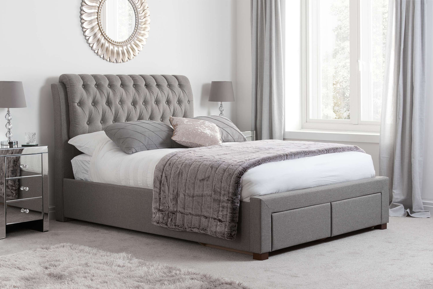Valentino Grey Fabric Bed With Storage Drawers