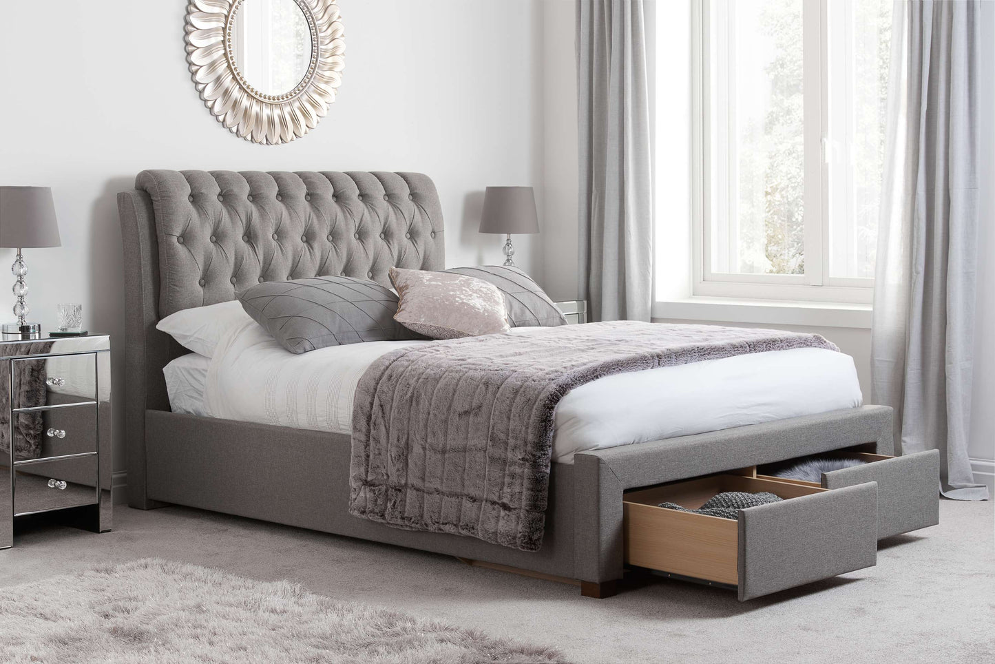 Valentino Grey Fabric Bed With Storage Drawers