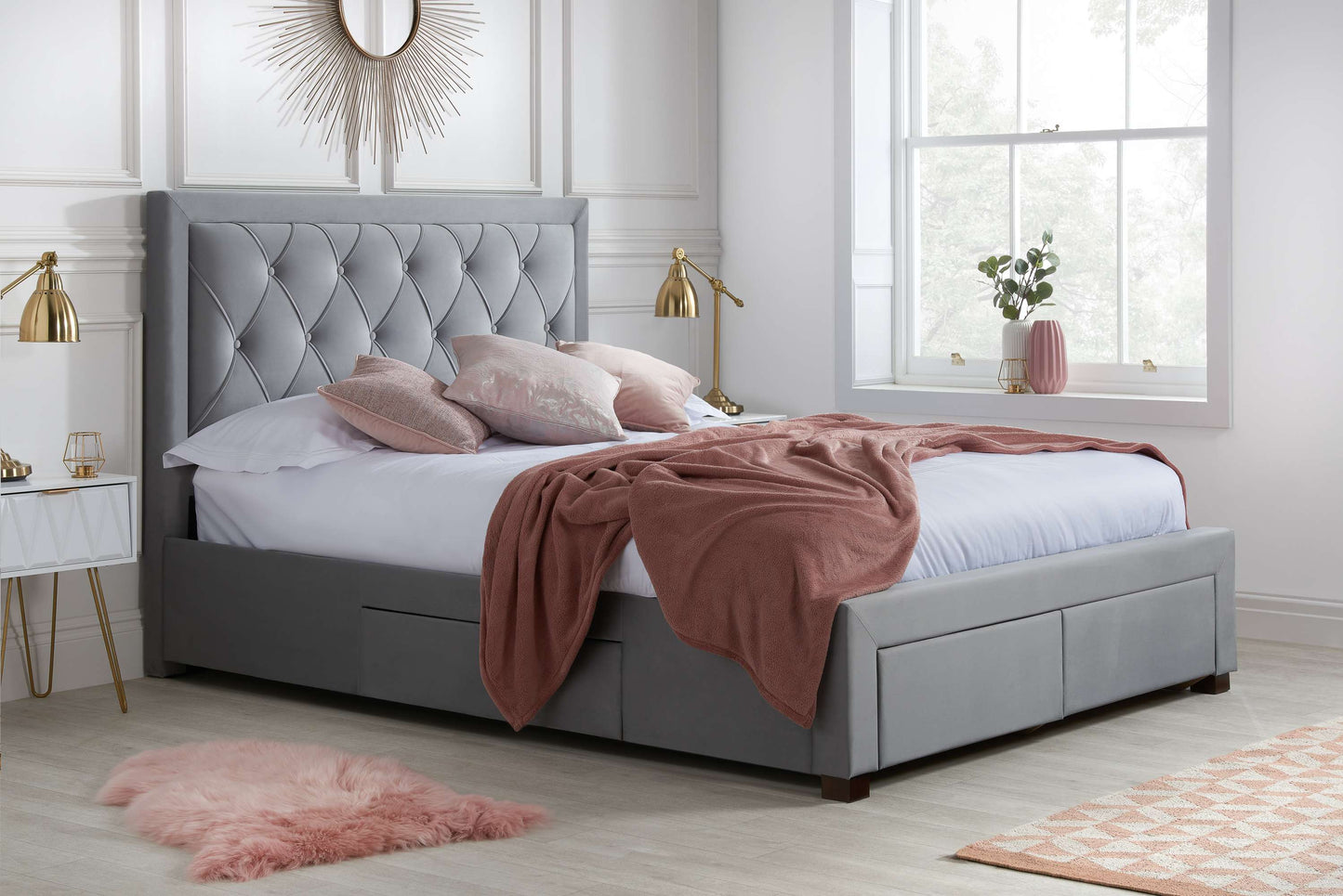 Woodbury Grey Fabric Bed with Storage Drawers