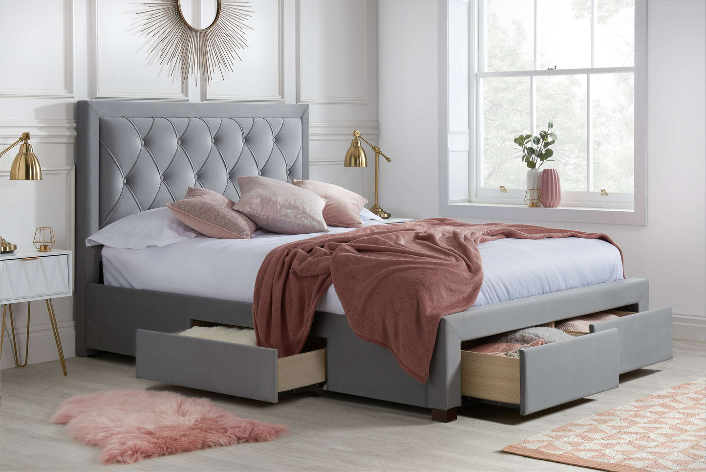 Woodbury Grey Fabric Bed with Storage Drawers