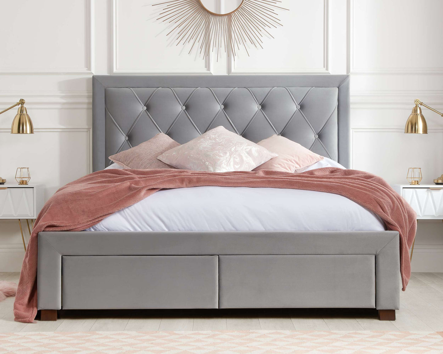 Woodbury Grey Fabric Bed with Storage Drawers