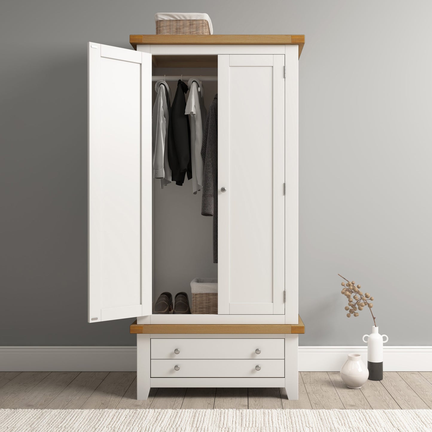 Windsor 2 Door 1 Drawer Wardrobe Ivory/Oak