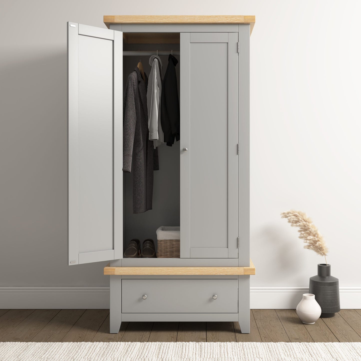 Windsor 2 Door 1 Drawer Wardrobe Pebble Grey/Oak