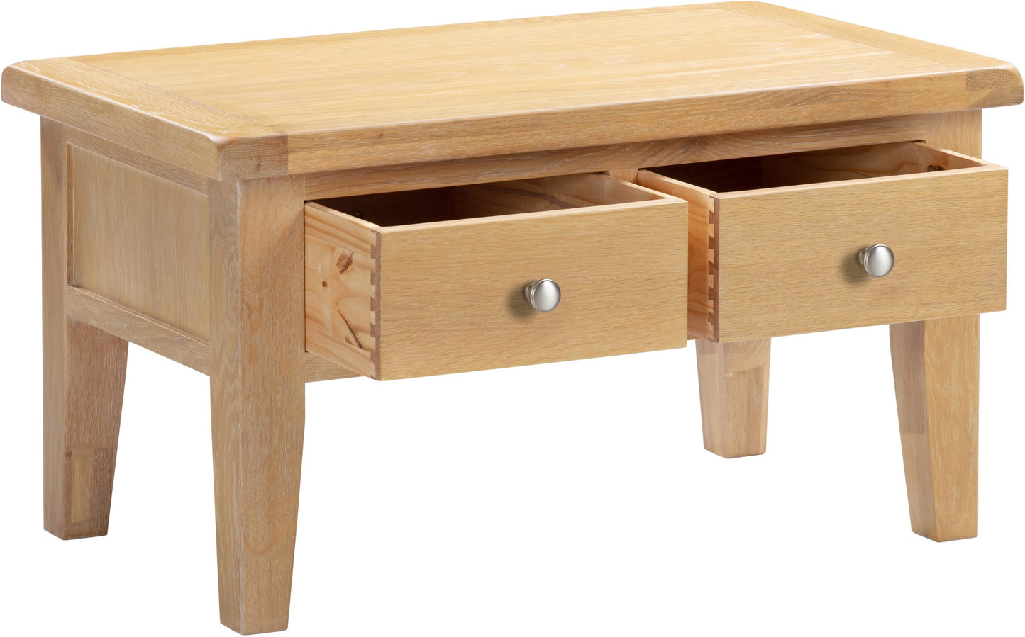 Wooden coffee table with two drawers on a white background