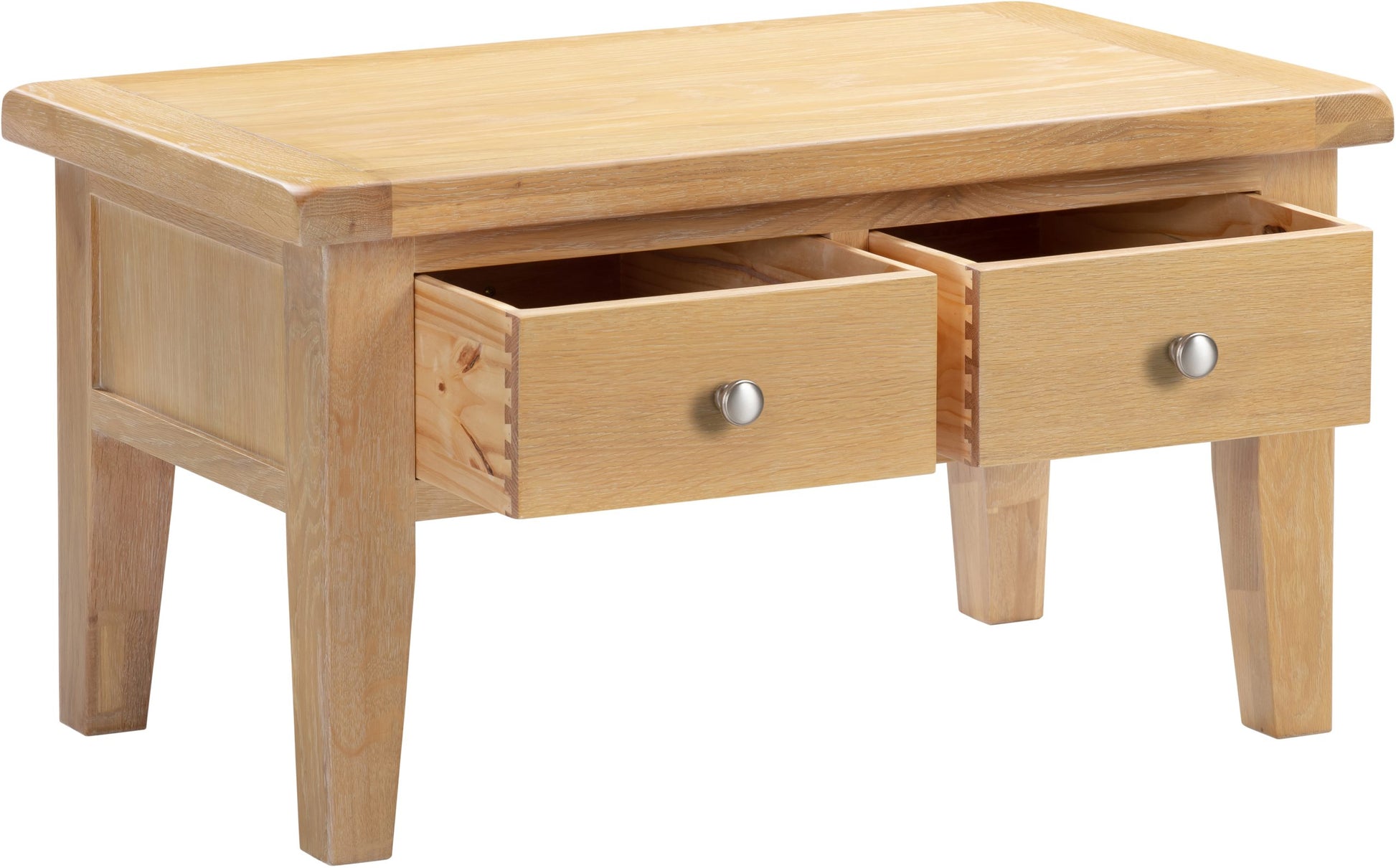 Wooden coffee table with two drawers on a white background