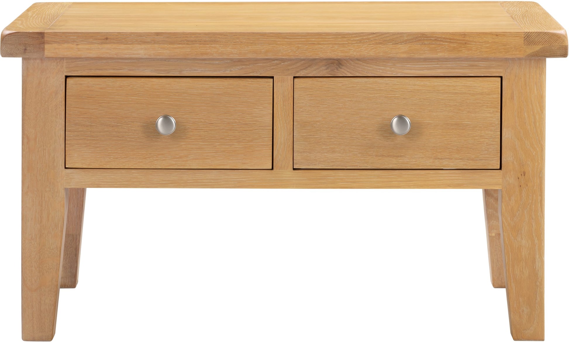 Wooden coffee table with two drawers and silver knobs on a white background