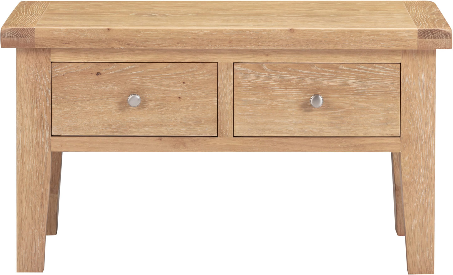 Wooden coffee table with two drawers on a white background