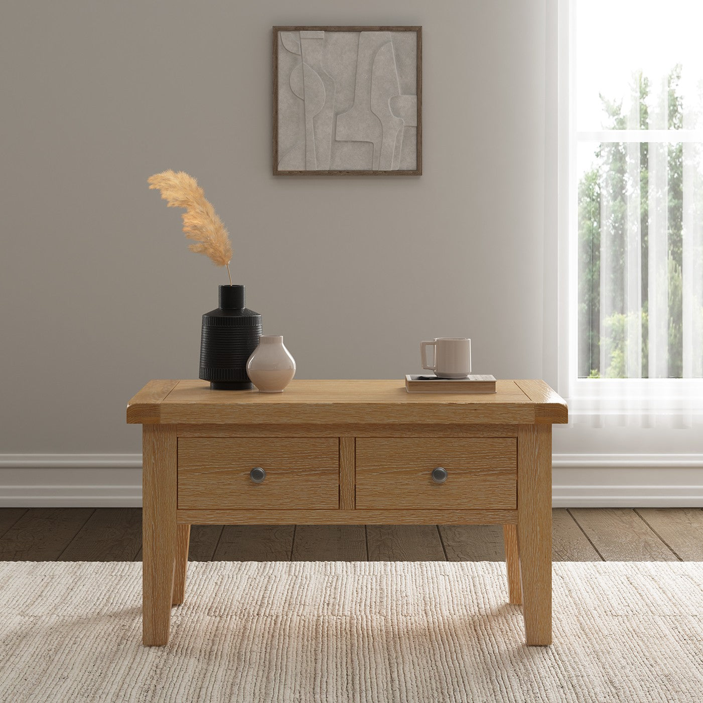 Wooden coffee table with decorative items in a living room setting