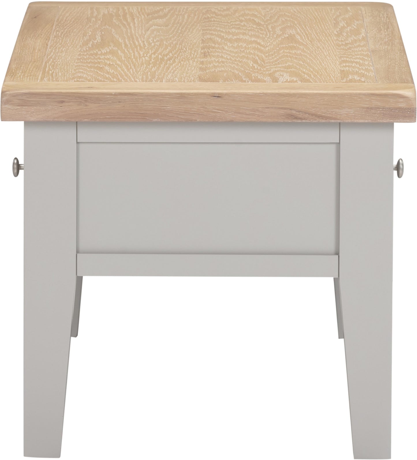 Wooden side table with light gray base on a white background