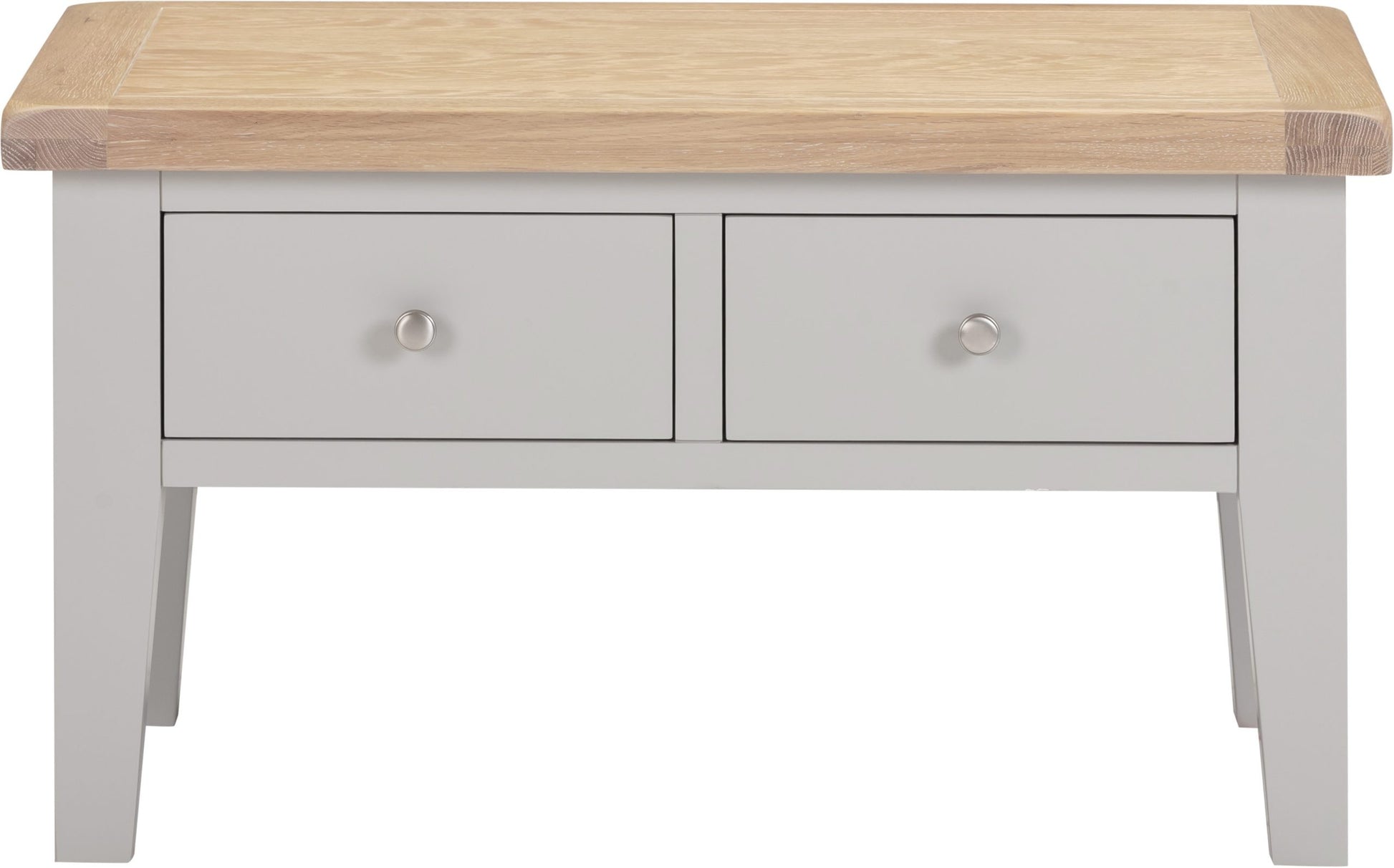 Light gray console table with two drawers and a wooden top on a white background