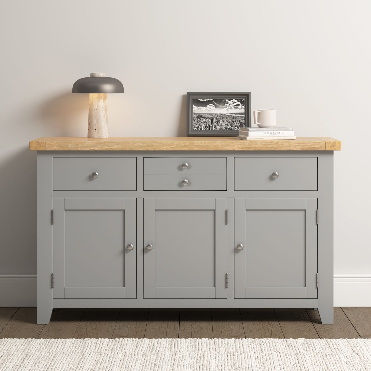 Windsor 3 Door 3 Drawer Sideboard Pebble Grey/Oak