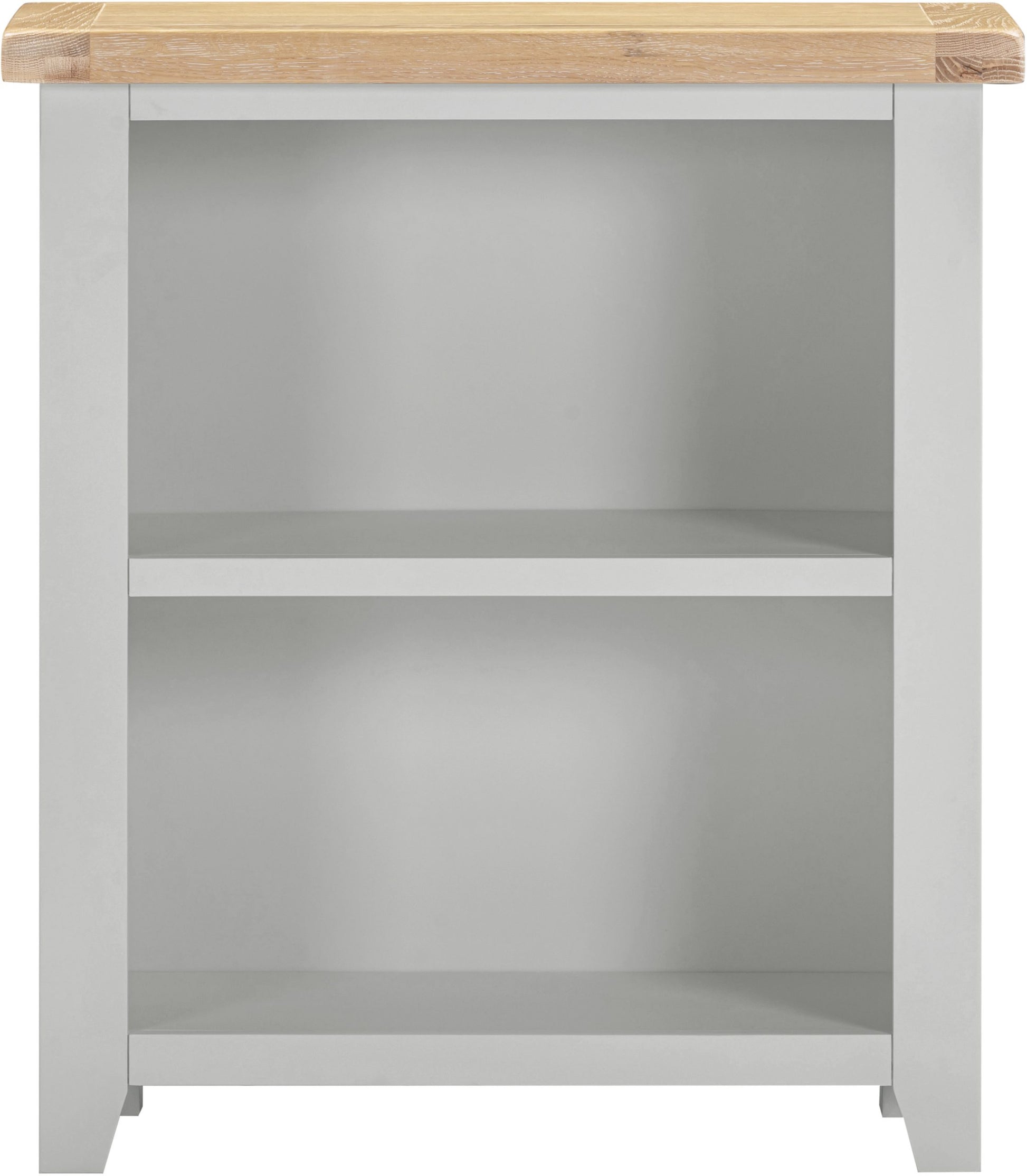 White bookshelf with a wooden top on a gray background