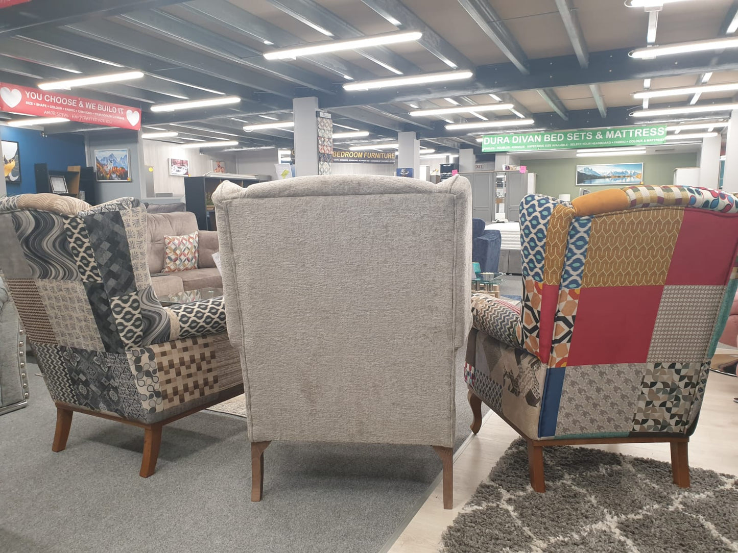 The Berkdale Patchwork Multi Grey Wingback Chair