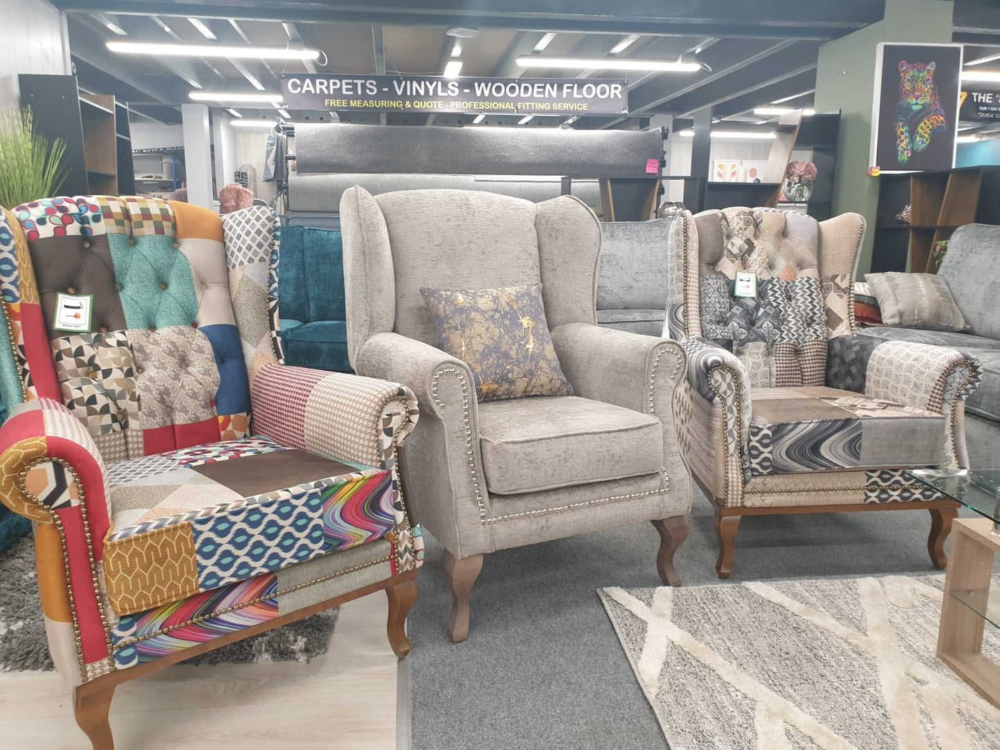 The Berkdale Patchwork Multi Grey Wingback Chair