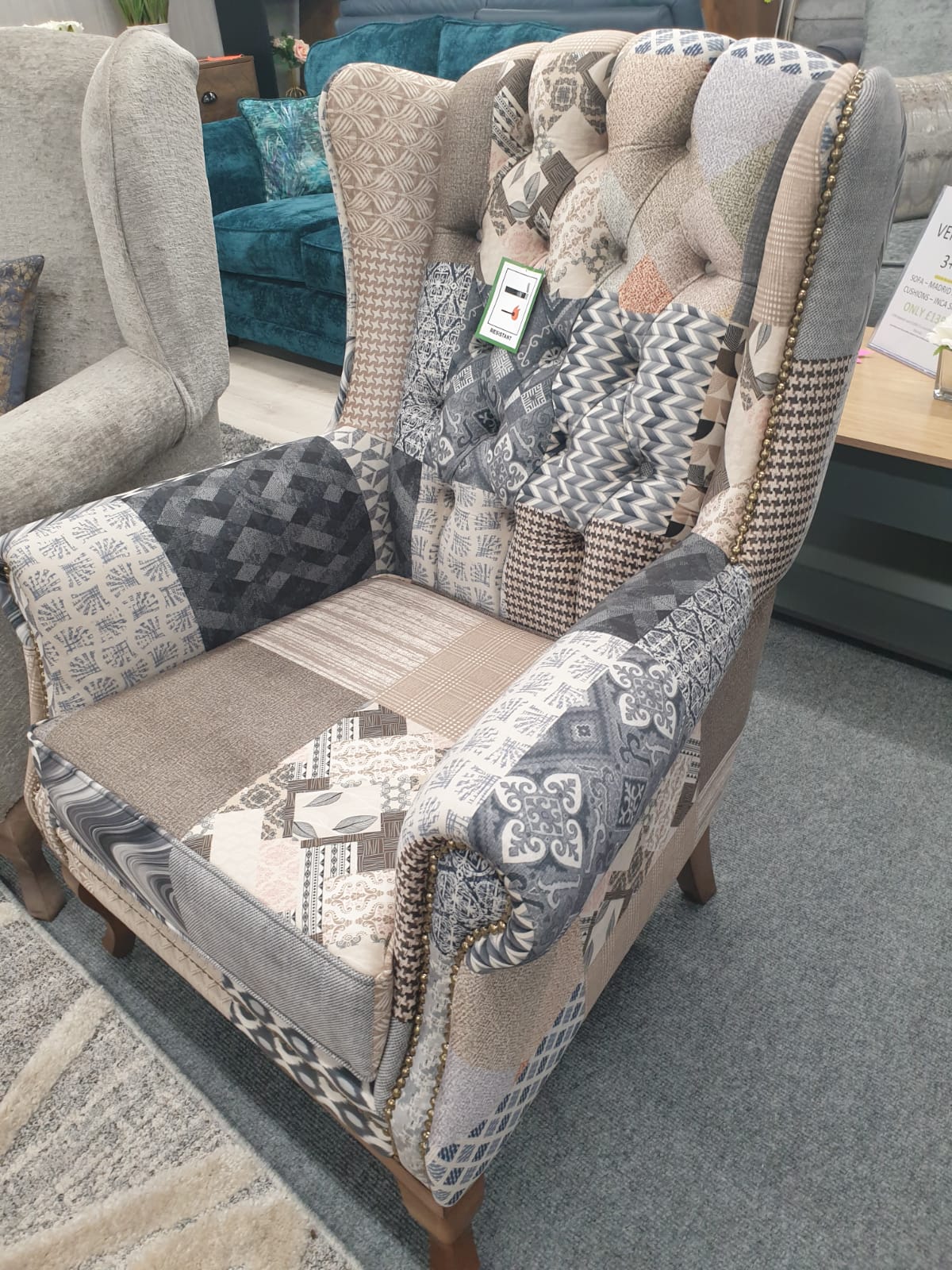 The Berkdale Patchwork Multi Grey Wingback Chair
