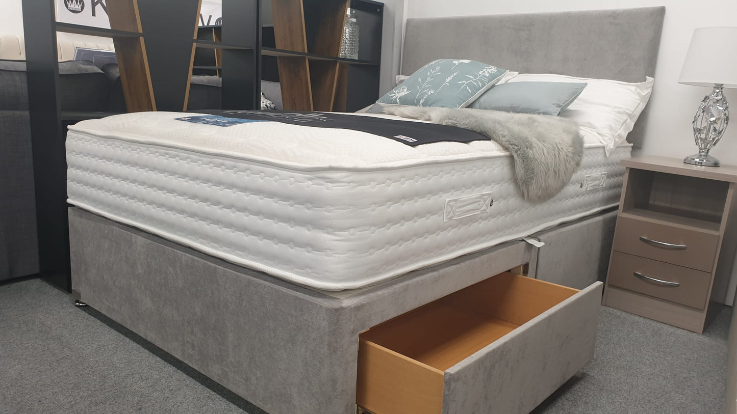 Divan Bed Set - Vermont 1000 Mattress with York Headboard in Comet Silver