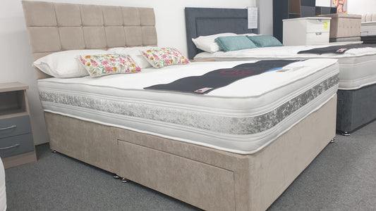Divan Bed Set - Vermont 1000 Mattress with Cube Headboard in Comet Stone