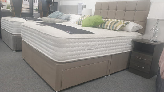 Divan Bed Set - Vermont 1000 Mattress with Cube Headboard in Sierra Mink