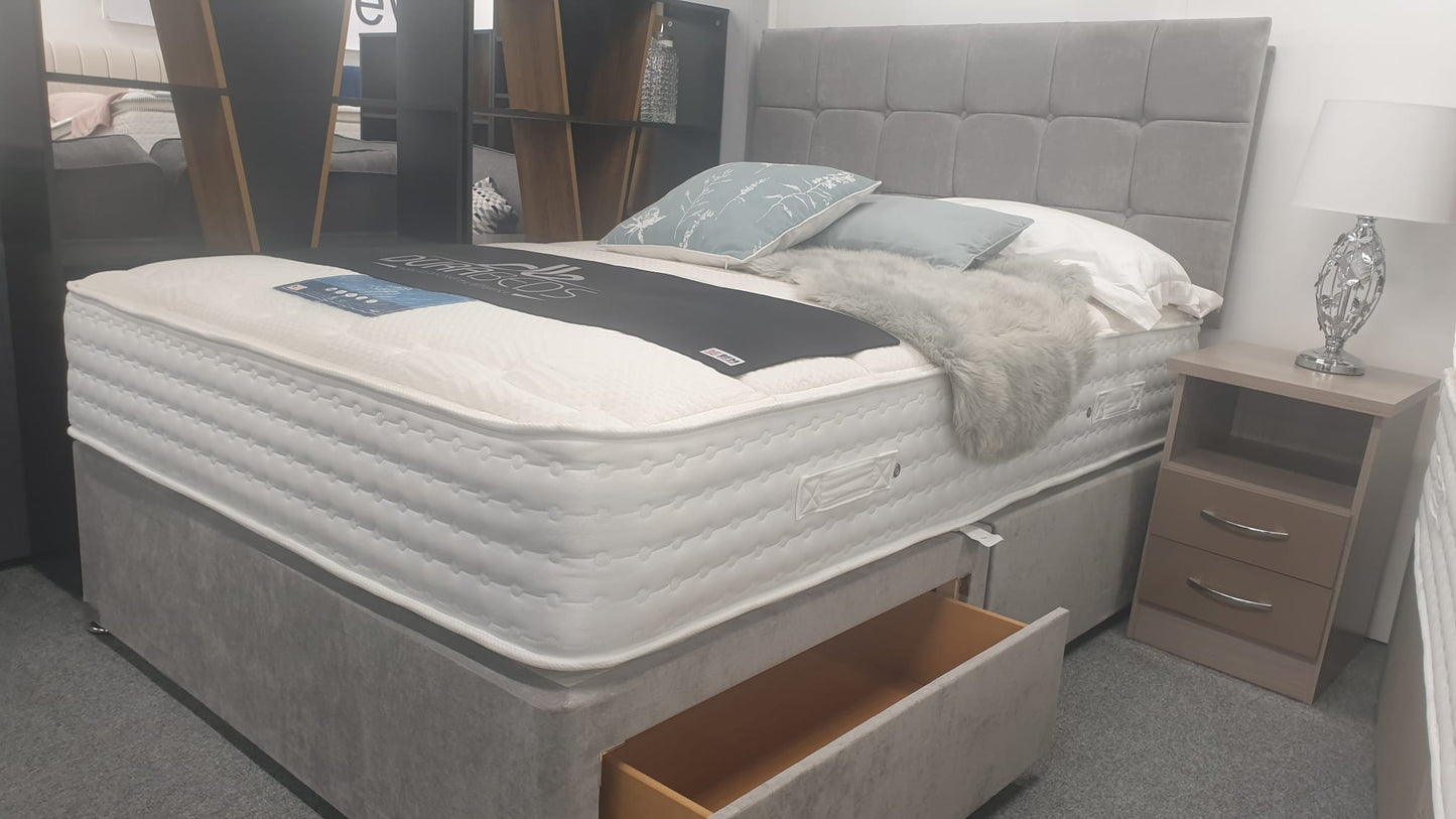 Divan Bed Set - Vermont 1000 Mattress with Cube Headboard in Comet Silver