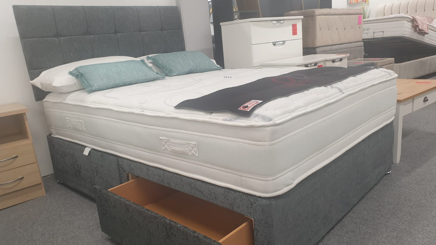 Divan Bed Set - Vermont 1000 Mattress with Cube Headboard in Carlton Charcoal