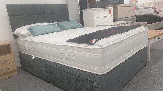 Divan Bed Set - Vermont 1000 Mattress with Cube Headboard in Carlton Charcoal