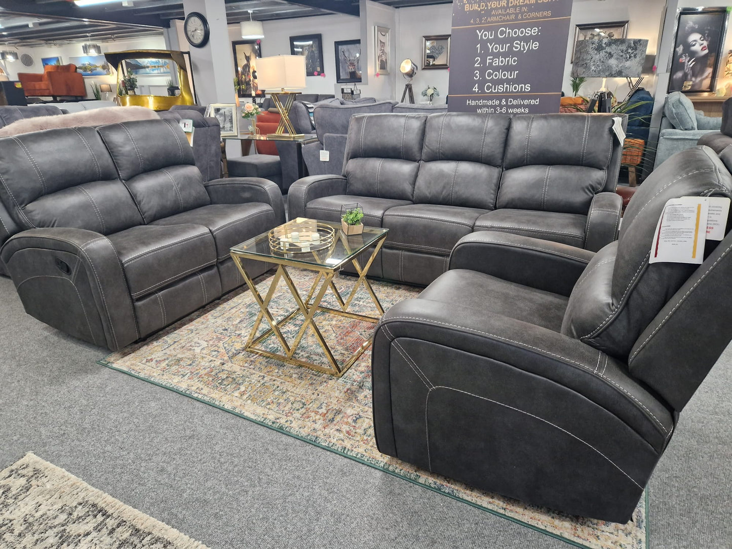 Galway Recliner Sofas - Gunmetal Grey Fabric