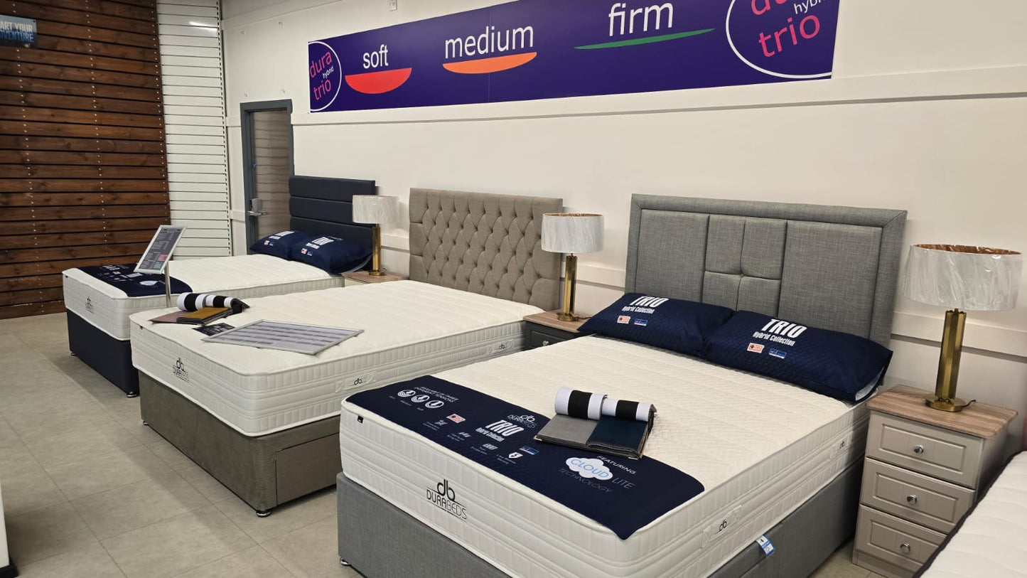 Dura Trio Hybrid MEDIUM Mattress Divan Sets - Venice 30' Headboard Sierra Denim